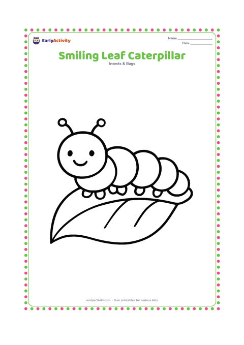 Colouring page: Draw one large, friendly caterpillar resting on a broad leaf, with a rounded segmented body, six small true legs near the front, and a few soft prolegs farther back. Keep the background…