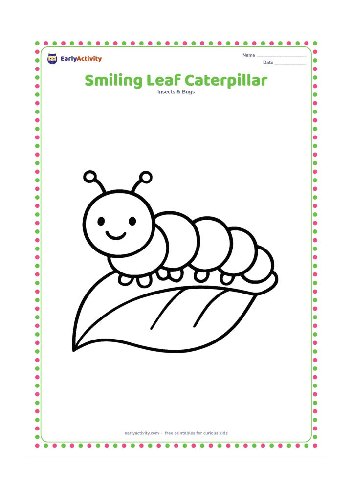 Colouring page: Draw one large, friendly caterpillar resting on a broad leaf, with a rounded segmented body, six small true legs near the front, and a few soft prolegs farther back. Keep the background…
