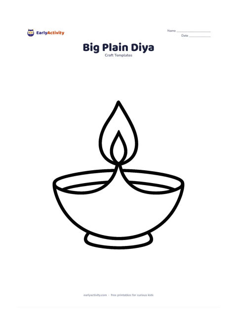 Worksheet: A single large diya with a wide rounded bowl and one tall flame, centered on the page with no background details.
