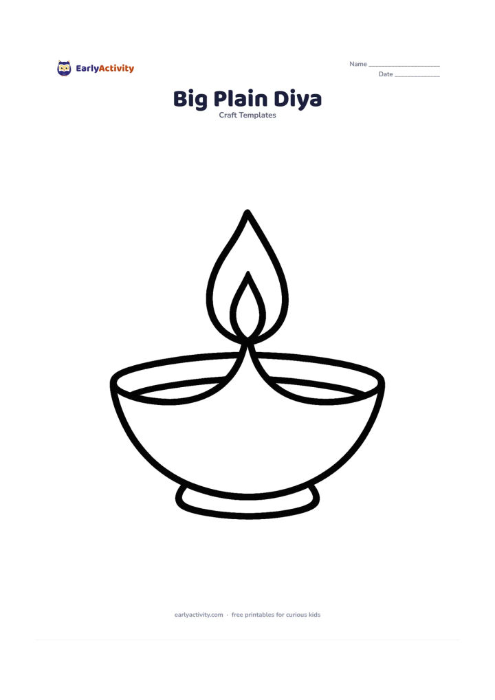 Worksheet: A single large diya with a wide rounded bowl and one tall flame, centered on the page with no background details.