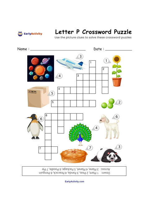 Worksheet page with a Letter P crossword puzzle and picture clues including planets, a plane, sunflower, parcel, peas, penguin, peacock, poodle and panda.