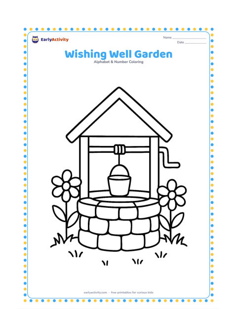 Colouring page: Draw a friendly stone wishing well with a peaked roof, a bucket, and two large flowers beside it. Place the well in a simple grassy garden.