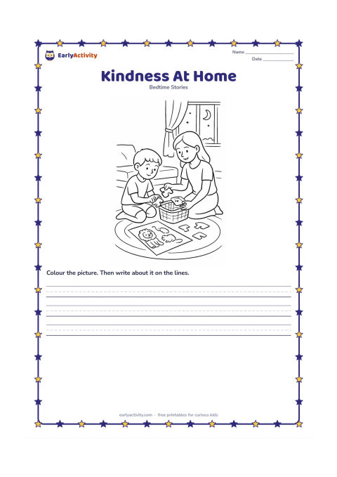 Printable: A child gently helps a smaller child put animal picture pieces into a basket while a lion-and-mouse drawing rests nearby. Set the scene in a cosy Indian home with a floor mat, cushions,…