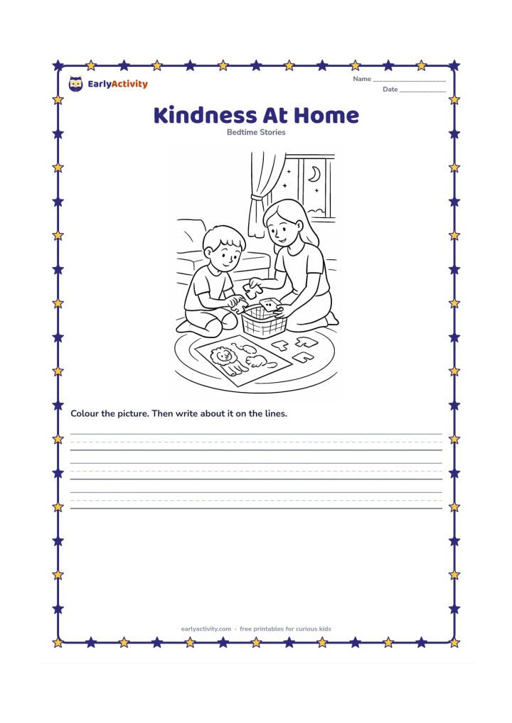 Printable: A child gently helps a smaller child put animal picture pieces into a basket while a lion-and-mouse drawing rests nearby. Set the scene in a cosy Indian home with a floor mat, cushions,…