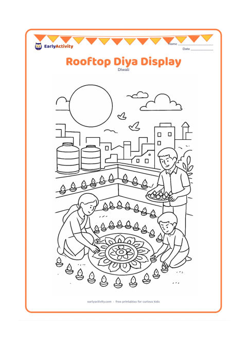 Colouring page: Draw a detailed rooftop at twilight with a family arranging many diyas into curved patterns along the parapet and around a central rangoli. Include water tanks, potted plants, distant…