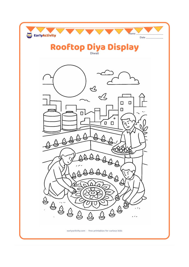 Colouring page: Draw a detailed rooftop at twilight with a family arranging many diyas into curved patterns along the parapet and around a central rangoli. Include water tanks, potted plants, distant…