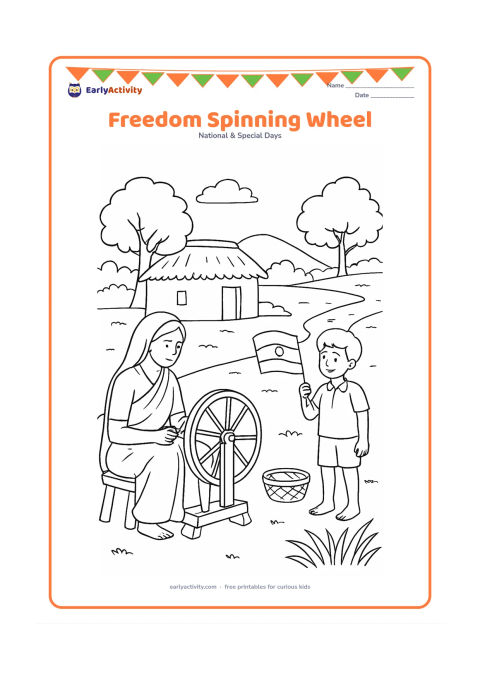 Colouring page: Draw a peaceful historical-style village scene with a seated adult using a traditional spinning wheel, a child holding an Indian flag and a simple woven basket nearby. Include a mud…