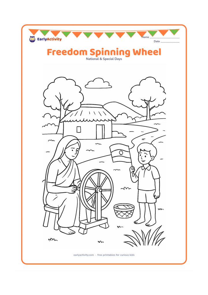 Colouring page: Draw a peaceful historical-style village scene with a seated adult using a traditional spinning wheel, a child holding an Indian flag and a simple woven basket nearby. Include a mud…