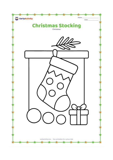 Colouring page: A large patterned stocking hangs from a simple mantel, with three round decorations and one gift below. Add a sprig of evergreen above the mantel.