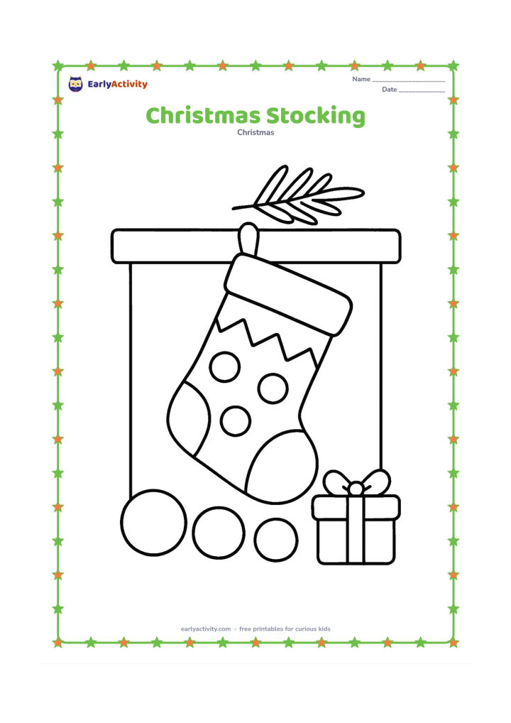 Colouring page: A large patterned stocking hangs from a simple mantel, with three round decorations and one gift below. Add a sprig of evergreen above the mantel.