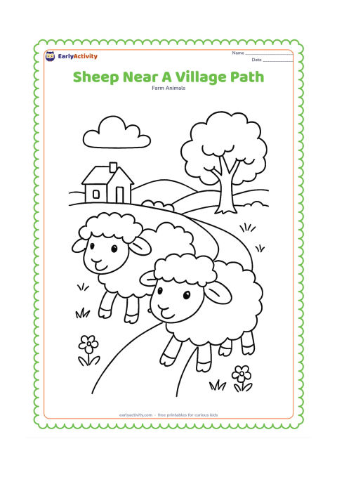 Colouring page: Two sheep walk along a village path bordered by grass and small flowers, with a plain house, a leafy tree and distant low hills. Include no people or written details.