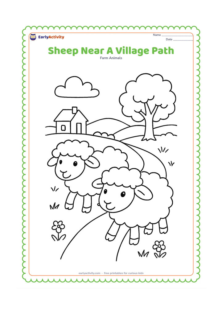 Colouring page: Two sheep walk along a village path bordered by grass and small flowers, with a plain house, a leafy tree and distant low hills. Include no people or written details.