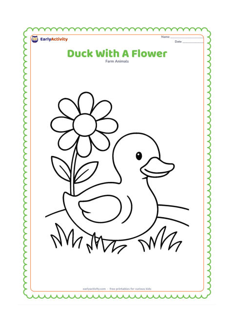Colouring page: A duck sits in grass beside one oversized daisy with a round centre and broad petals. Add two leaves and a small curved pond edge in the background.