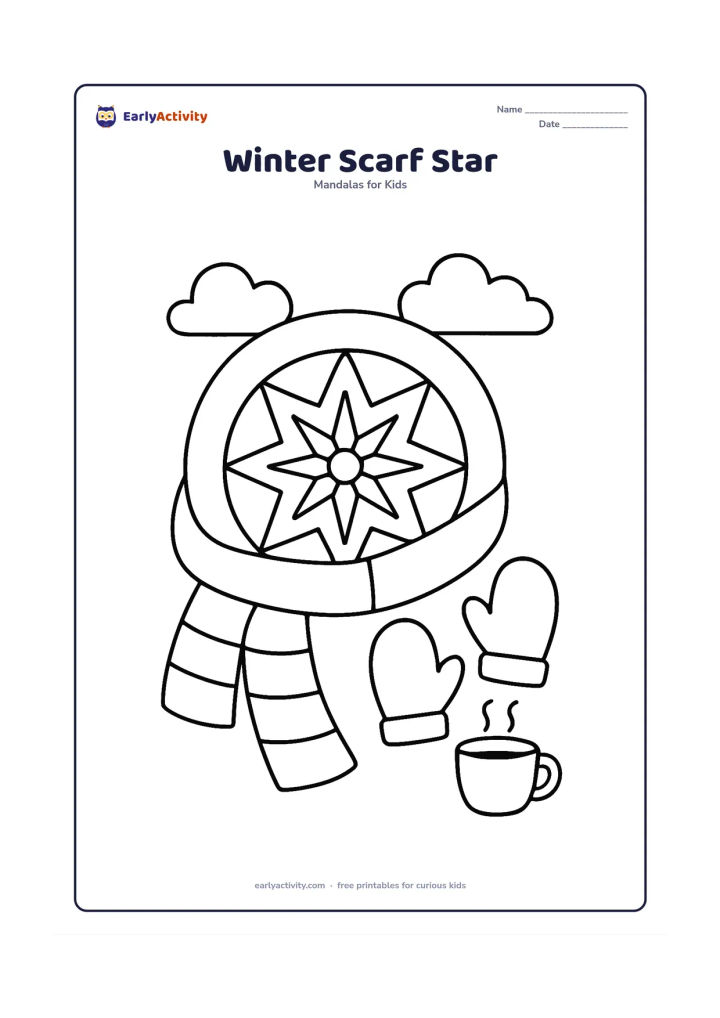 Colouring page: Show a large star mandala wrapped visually by a wide, simple scarf border, with two mitten shapes and a small steaming cup nearby. Use rounded winter clouds in the background.