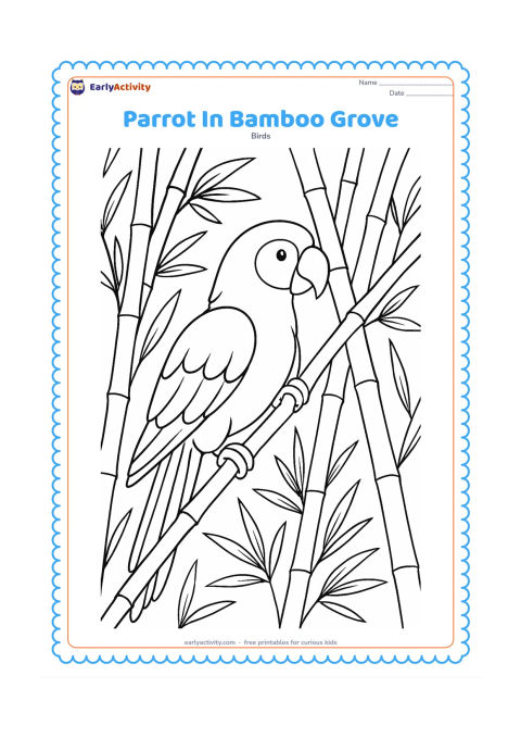 Colouring page: Draw a parrot climbing through a bamboo grove, gripping a diagonal bamboo stalk with both feet. Include overlapping bamboo segments, narrow leaves, and a few shafts of open space behind…
