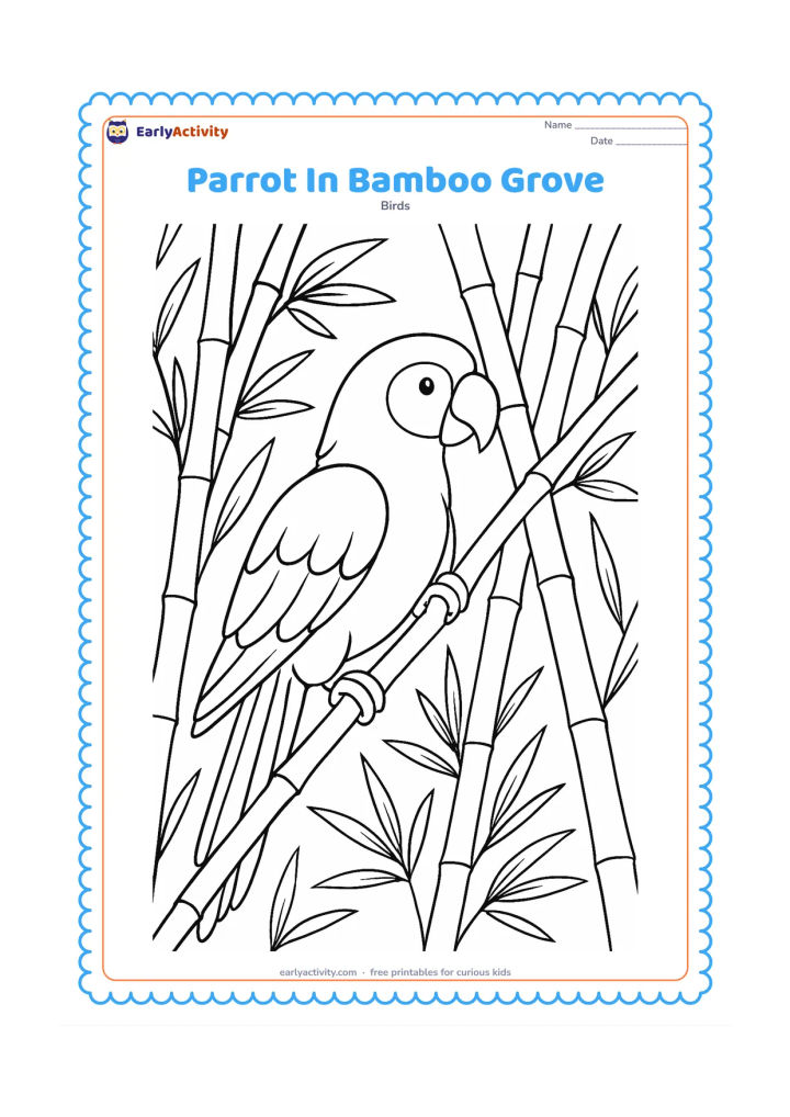Colouring page: Draw a parrot climbing through a bamboo grove, gripping a diagonal bamboo stalk with both feet. Include overlapping bamboo segments, narrow leaves, and a few shafts of open space behind…