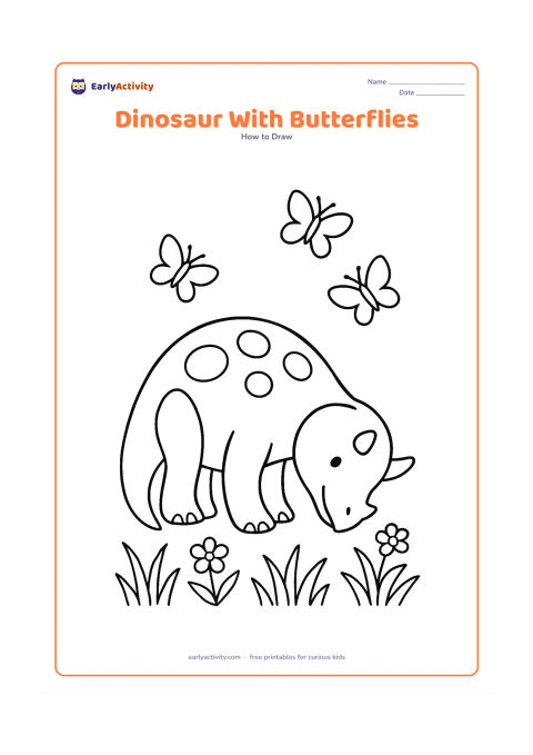 Worksheet: Show a gentle horned dinosaur lowering its head toward three butterflies, progressing from large construction shapes to a patterned final body. Add tall grass and two flowering plants…