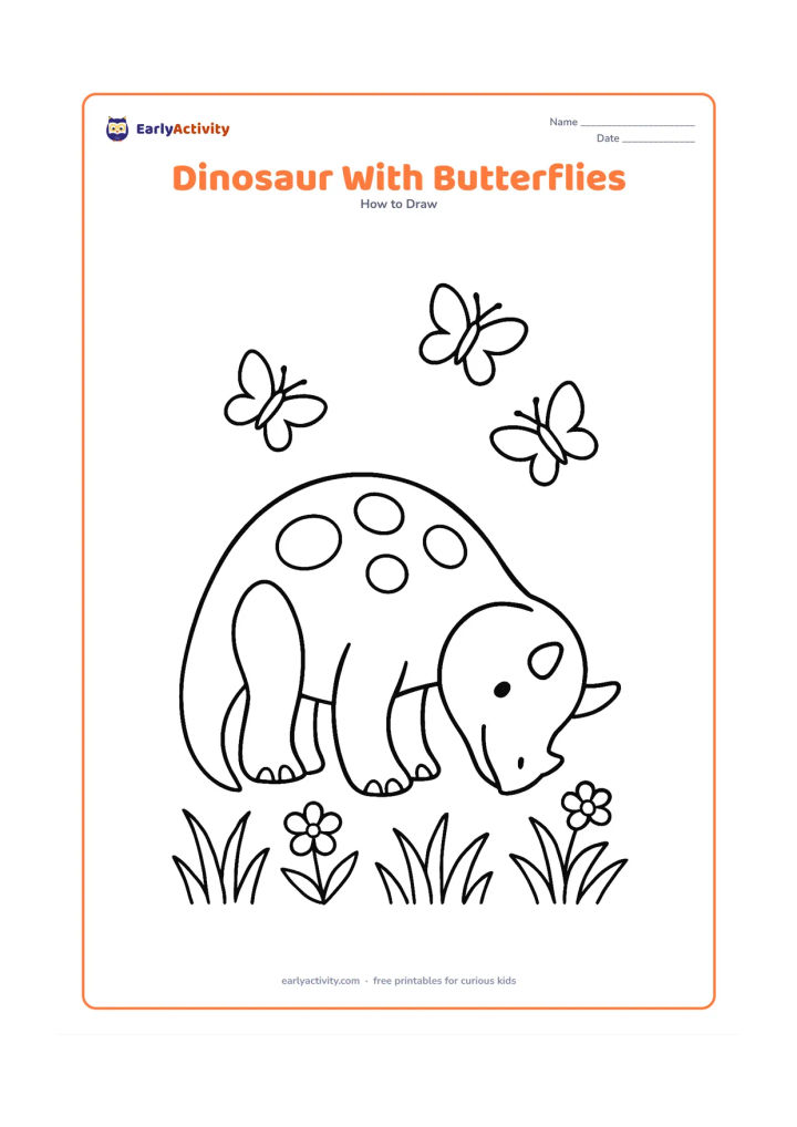 Worksheet: Show a gentle horned dinosaur lowering its head toward three butterflies, progressing from large construction shapes to a patterned final body. Add tall grass and two flowering plants…