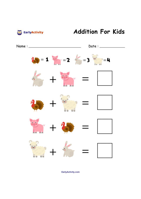 Worksheet showing a key for turkey, pig, rabbit and sheep values, followed by four animal addition equations with answer boxes.
