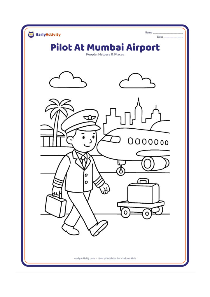 Colouring page: A pilot walks across an airport apron toward a passenger aeroplane, with a small luggage cart nearby. In the background show a terminal, palm trees and a distant city skyline inspired by…