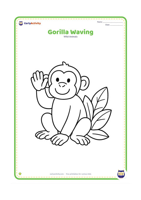 Colouring page: A cheerful gorilla sits with one arm raised in a gentle wave and the other hand on the ground. Add three large leaves beside it.