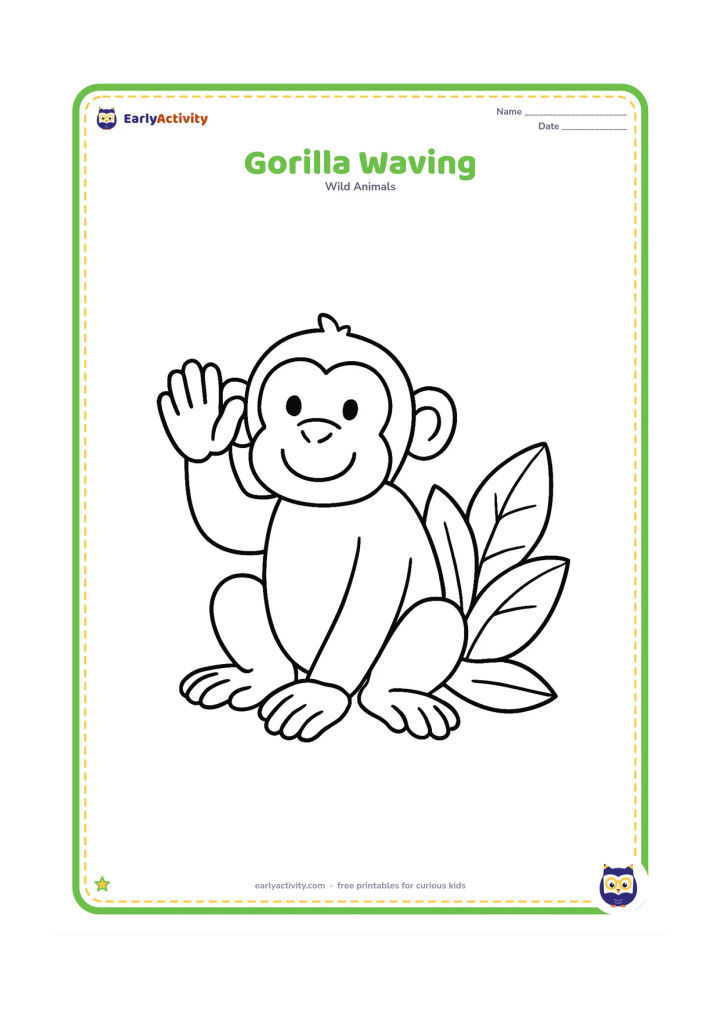 Colouring page: A cheerful gorilla sits with one arm raised in a gentle wave and the other hand on the ground. Add three large leaves beside it.