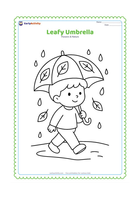 Colouring page: A child walks under a large umbrella decorated with three simple leaf shapes while gentle leaves fall around them on a rainy path.