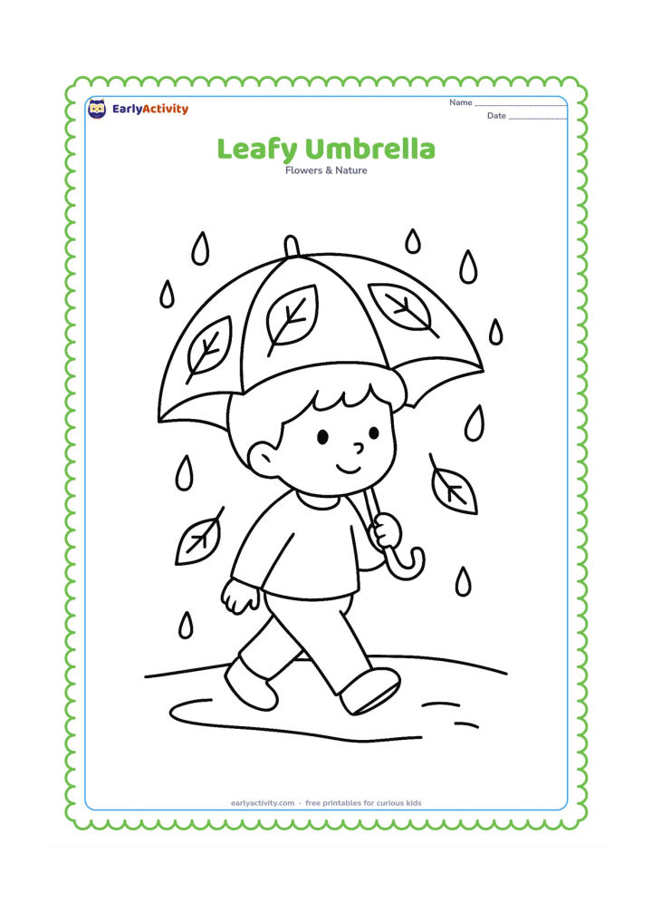 Colouring page: A child walks under a large umbrella decorated with three simple leaf shapes while gentle leaves fall around them on a rainy path.