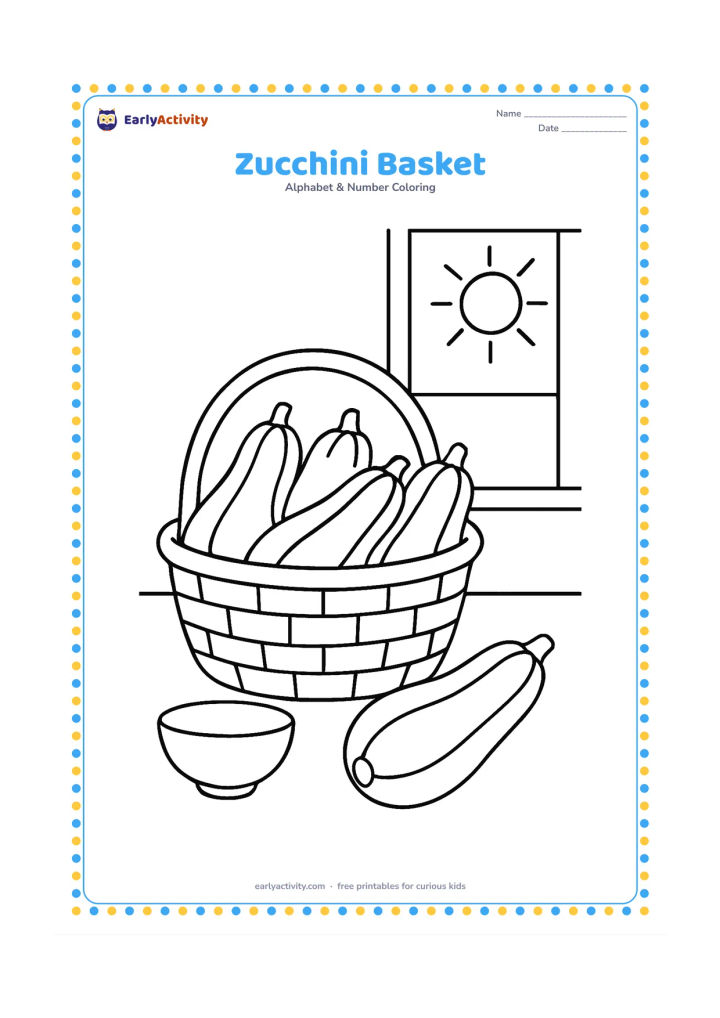 Colouring page: Draw a large woven basket filled with several plump zucchini, with one zucchini lying beside it on a kitchen table. Include a simple bowl and a window with sunlight behind the basket.
