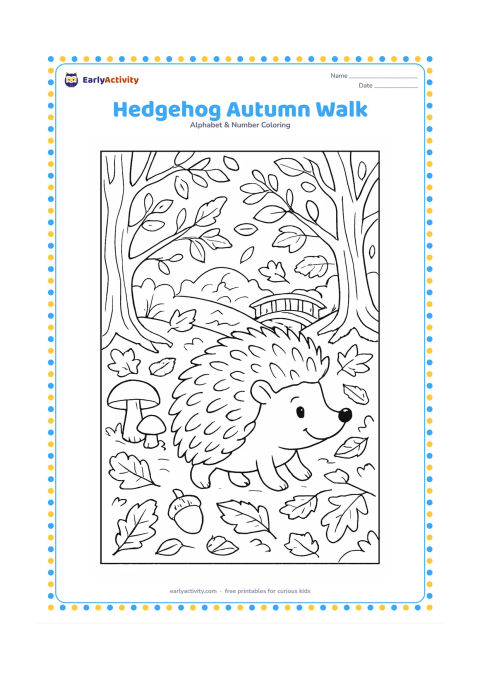 Colouring page: A hedgehog walks through an autumn woodland carpeted with leaves, passing mushrooms, acorns, tree roots, and a small wooden bridge. Keep the expression friendly and avoid dark or…