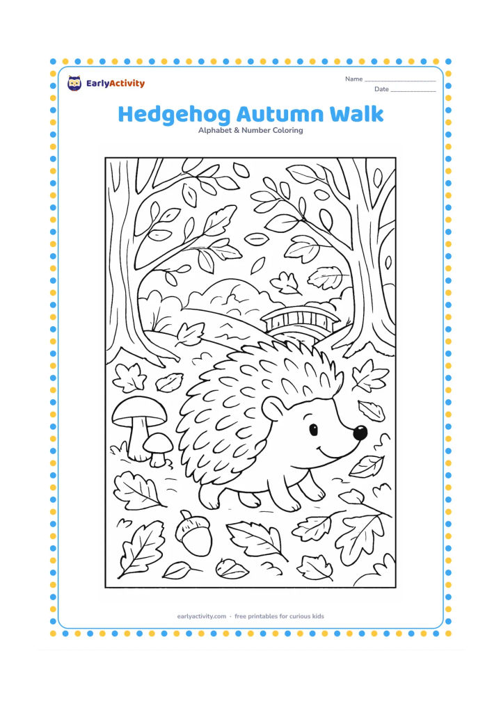 Colouring page: A hedgehog walks through an autumn woodland carpeted with leaves, passing mushrooms, acorns, tree roots, and a small wooden bridge. Keep the expression friendly and avoid dark or…