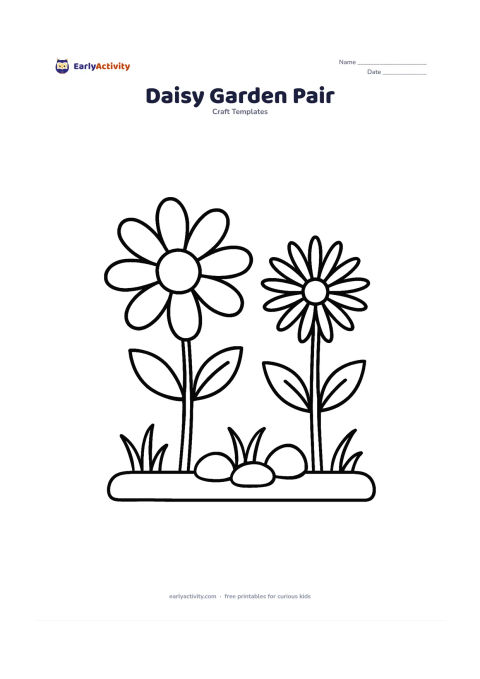 Worksheet: Two different daisies growing side by side, one with broad petals and one with narrower petals, each with a stem and leaves. Add a low garden bed, three rounded stones and a few simple…