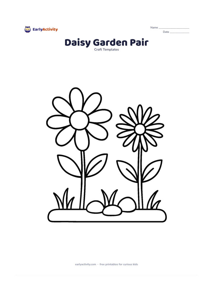 Worksheet: Two different daisies growing side by side, one with broad petals and one with narrower petals, each with a stem and leaves. Add a low garden bed, three rounded stones and a few simple…