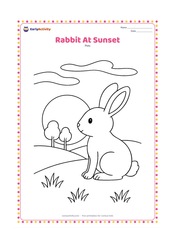 Colouring page: A rabbit sits in profile on a grassy hill, looking toward a large setting sun and two distant trees. Add a few foreground grass tufts and long curved cloud shapes.