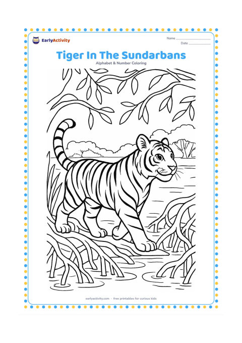Colouring page: Draw a Bengal tiger walking through mangrove roots beside calm water, with tall grasses, curving branches, and distant wetland trees. Show a detailed but friendly tiger profile with…
