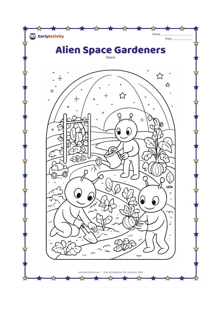 Colouring page: Draw three friendly aliens caring for a large garden inside a glass dome on a planet, with one planting, one watering, and one gathering unusual vegetables. Add curved pathways,…
