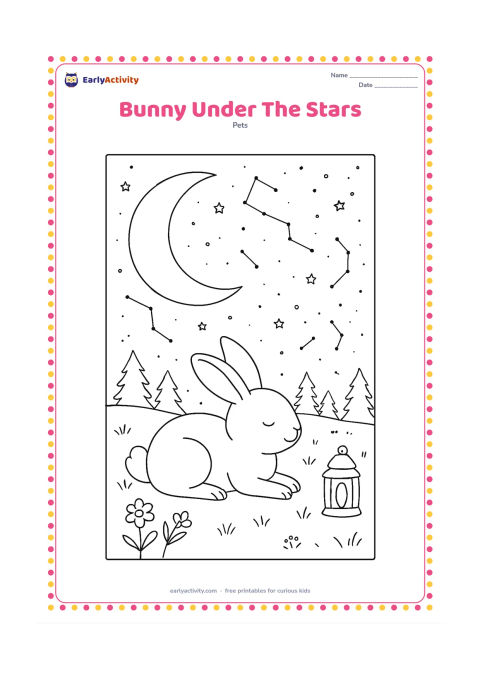 Colouring page: Draw a bunny resting on a grassy hill beneath a large crescent moon and a star-filled sky. Add distant trees, wildflowers, a small lantern with no markings, and carefully spaced…