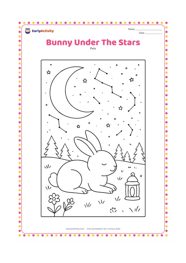 Colouring page: Draw a bunny resting on a grassy hill beneath a large crescent moon and a star-filled sky. Add distant trees, wildflowers, a small lantern with no markings, and carefully spaced…