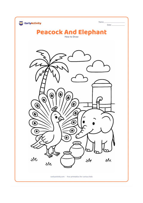 Worksheet: A peacock with an open tail stands beside a friendly small elephant near a village water tank. Include a palm tree, a low wall, simple pots and a few broad clouds in the background.