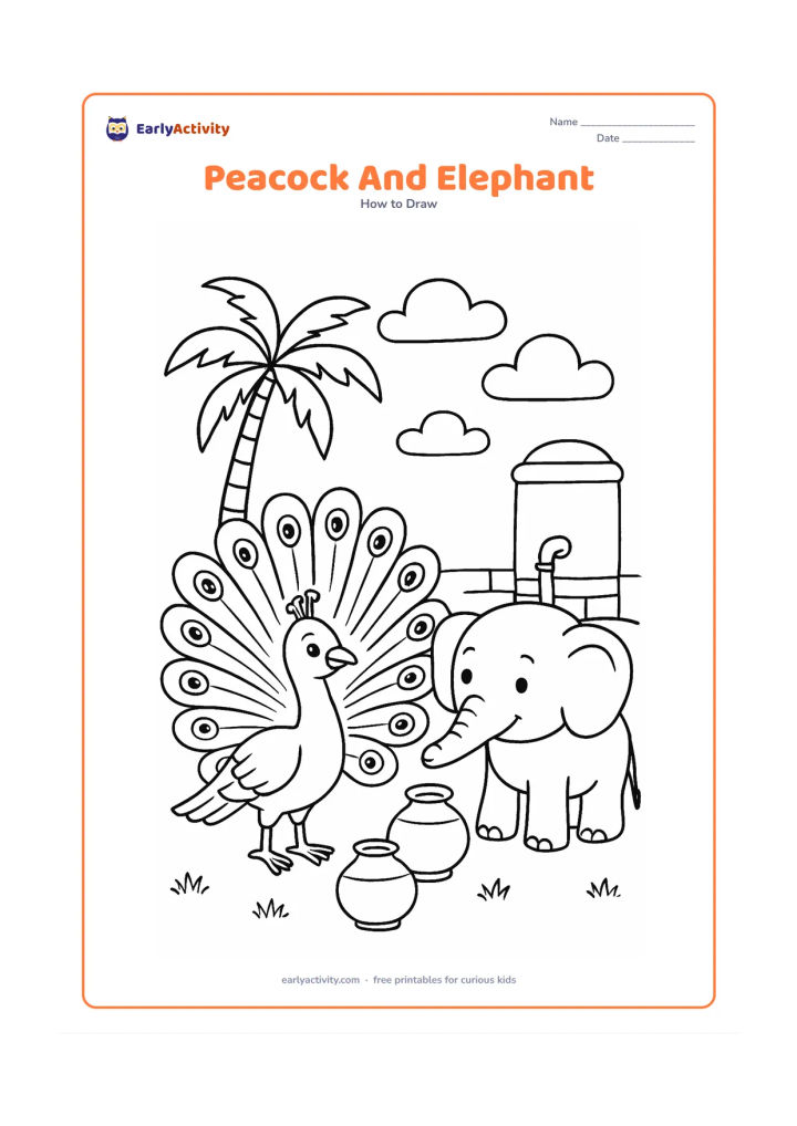 Worksheet: A peacock with an open tail stands beside a friendly small elephant near a village water tank. Include a palm tree, a low wall, simple pots and a few broad clouds in the background.