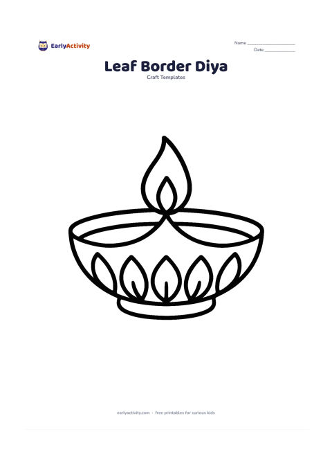 Worksheet: A wide diya with a few large paired leaves forming a simple border along the bowl and a single flame in the center.