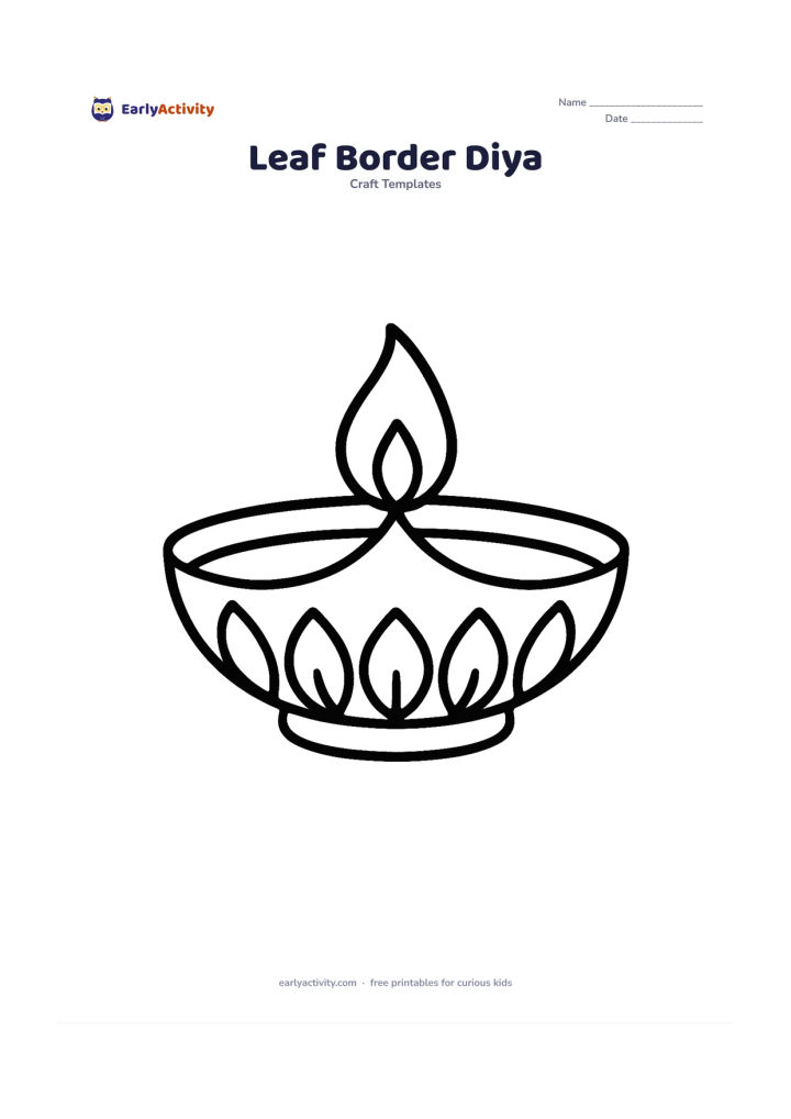 Worksheet: A wide diya with a few large paired leaves forming a simple border along the bowl and a single flame in the center.