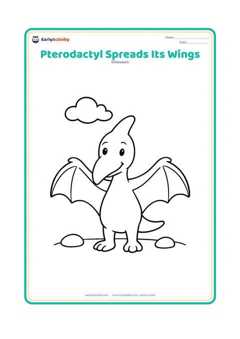 Colouring page: Draw a front-facing pterodactyl standing on the ground with both wings stretched wide, a small smooth stone under each foot and a simple cloud overhead.
