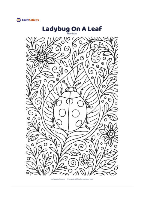 Colouring page: Place a ladybug on a broad leaf in the centre, with its wing covers forming a symmetrical focal shape. Surround it with repeating leaf veins, flower heads, dew drops, curled stems, and…
