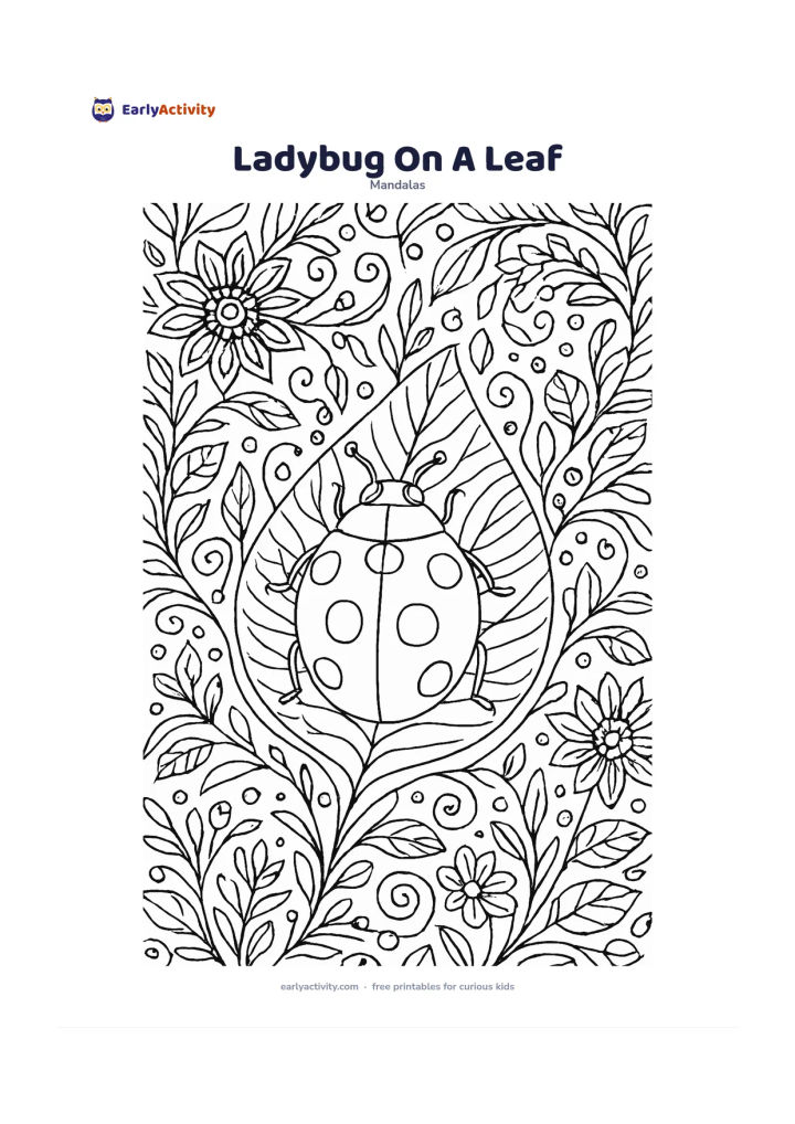 Colouring page: Place a ladybug on a broad leaf in the centre, with its wing covers forming a symmetrical focal shape. Surround it with repeating leaf veins, flower heads, dew drops, curled stems, and…
