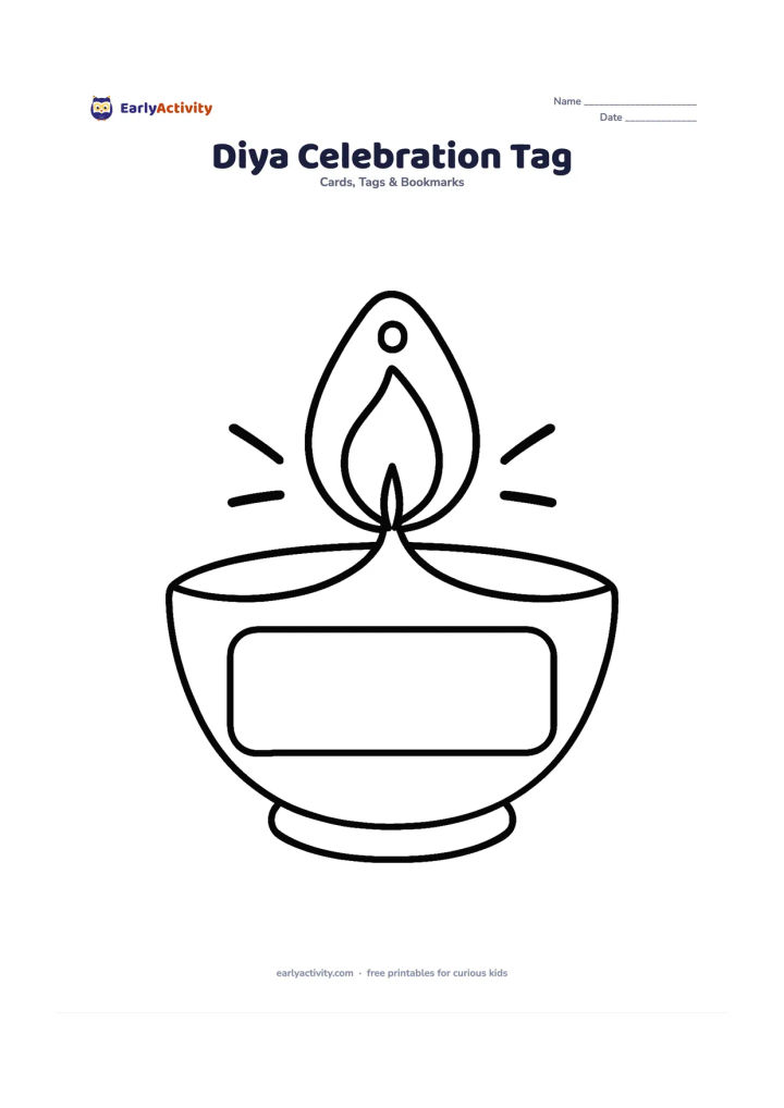 Worksheet: Draw a large diya-shaped gift tag with a broad bowl, a single flame, two simple curved rays and a blank panel inside the bowl. Add a small hole above the flame.