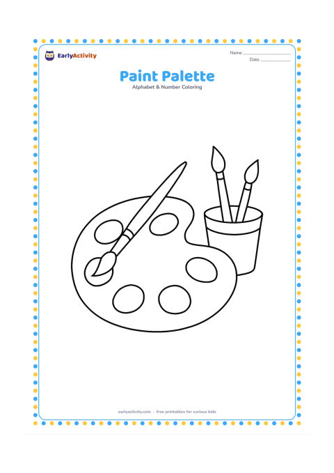 Colouring page: Draw a child-sized paint palette with several large paint blobs and a brush resting across it. Add a small cup holding two more brushes beside the palette.