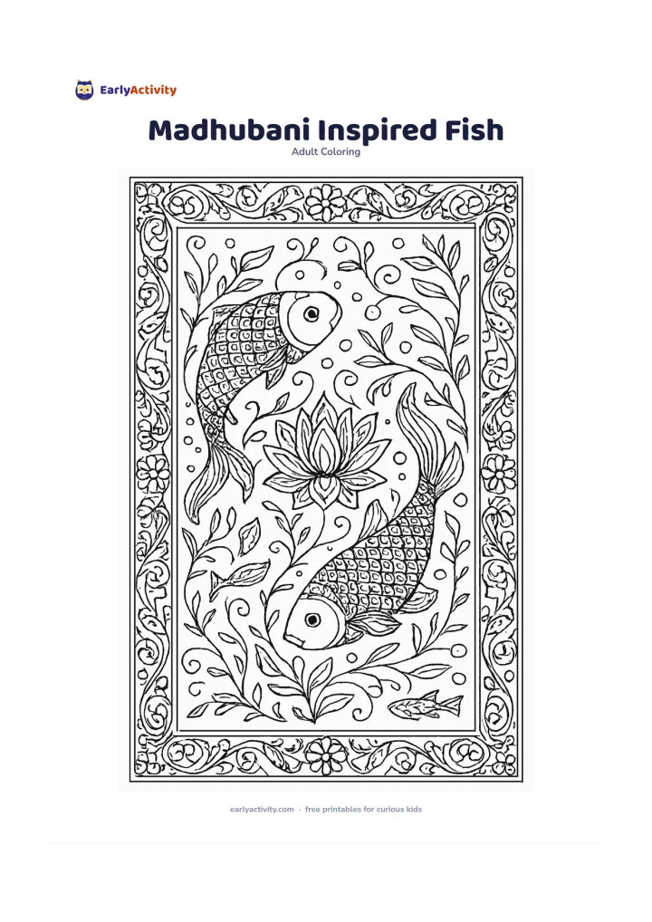 Colouring page: Draw two large fish swimming around a central lotus with curling vines, leaves, smaller fish, bubbles, and a symmetrical floral border. Fill the fish bodies and surrounding plants with…