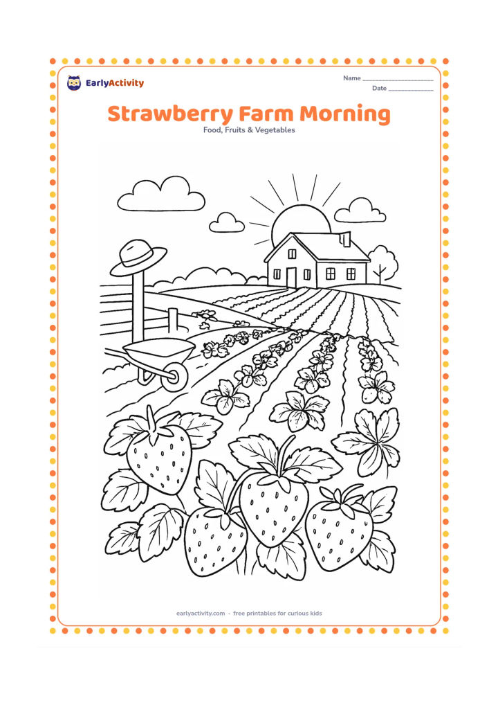 Colouring page: Draw rows of strawberry plants leading toward a farmhouse, with a rising sun, a farmer's hat on a fence, a wheelbarrow, and several ripe berries in the foreground.