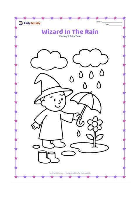 Colouring page: A happy wizard holds a large umbrella while guiding a tiny stream of pretend rain toward a thirsty flower. Include puddles, rain clouds and a pair of simple boots beside the wizard.